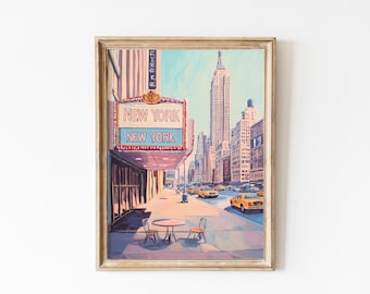 May include: A vintage framed painting of a New York City street scene. The painting features a tall skyscraper, a street with yellow cabs, and a sign that reads "NEW YORK" in red and white letters.