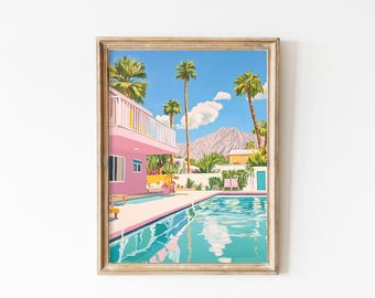 May include: A framed illustration of a pink house with a swimming pool in front of it. The house has a balcony and palm trees are in the yard. The mountains are in the background.