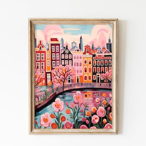 Jolie affiche de voyage sur les canaux d'Amsterdam, impression d'architecture des Pays-Bas, art mural rose tendre, impression de roses romantiques d'Amsterdam, art hollandais hollandais