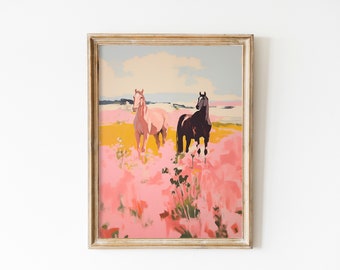 Puede incluir: Una pintura enmarcada de dos caballos de pie en un campo de flores rosas. El caballo de la izquierda es blanco y el caballo de la derecha es negro. El fondo es un cielo azul con nubes blancas.