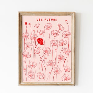 Mes de nacimiento de agosto, arte mural de Les Fleurs, mercado de flores de amapolas, arte minimalista con estampado de flores de amapolas, impresión artística botánica en rosa suave