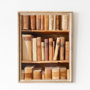 Impresión de amante de los libros, pintura de pila de libros, arte imprimible de ratón de biblioteca, impresión digital de arte de pared de moda en marrón pastel, arte pastel estético de apartamento