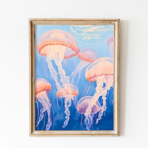 Pastel Blue Jellyfish Painting, Girly Sea Wall Art Print, Beachy Underwater Print, Coastal Beach House Nursery Decor Digital Download