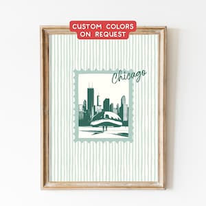 Retro Chicago Skyline Poster: Sage Green Travel Art Print (Digital Download)