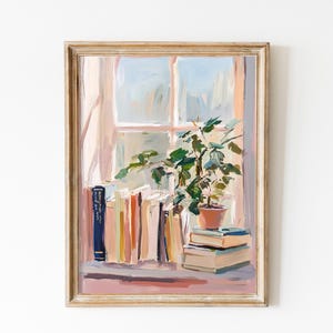 Impresión de &quot;Amante de los libros y las plantas&quot;, pintura de una pila de libros, arte imprimible para ratones de biblioteca, arte mural moderno, impresión digital, arte pastel con estética de apartamento