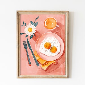 Breakfast Flatlay Food In The Table Wall Art, Sunny Side Up Printable Kitchen Poster Decore, Gift Foodies Colorful Coffee and Flowers Poster