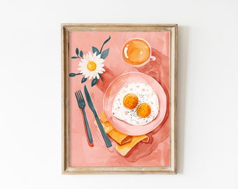 Sunny Side Up Eggs Print: Kaffee am Tisch mit Blumen Poster (Digitaler Download)