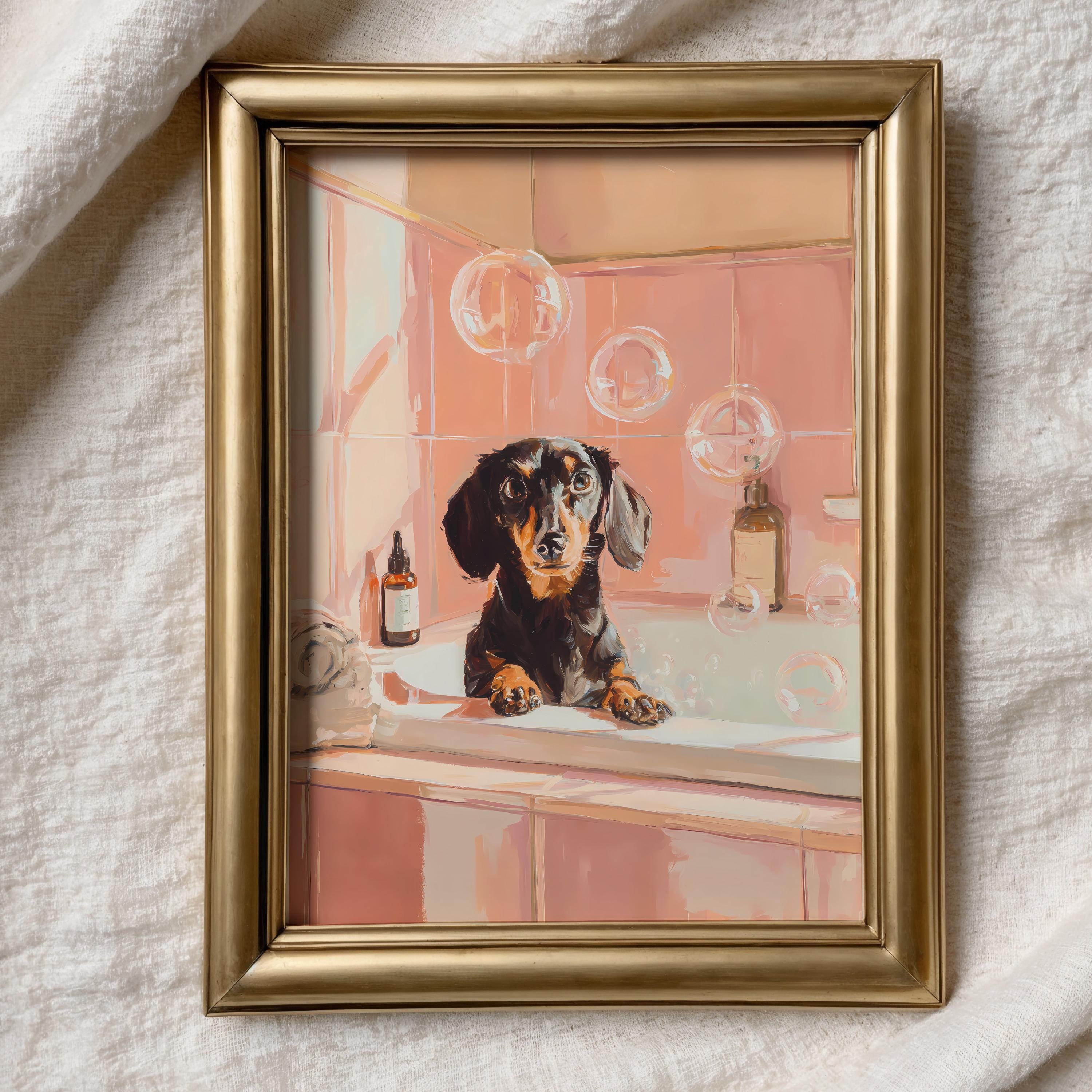 Dachshund Dog Bubble Bath Printable, Pink Spa Bathroom Wall Art ...