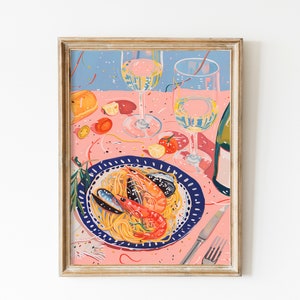 Leckere Pasta und Shrimps Poster zum Downloaden, Poster zum Downloaden, Fisch Poster, Küche Poster zum ausdrucken, Poster zum ausdrucken