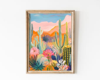 Cactus Art Print: Retro Western Desert Sunset (Digital Download)