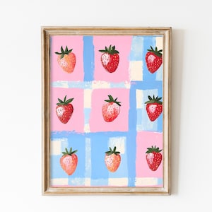 Pink Strawberry Checkerboard Print, Strawberries Minimalist Kitchen Fruits Art, Playful Kids Nursery Printable Art, Vibrant Fruits Decor