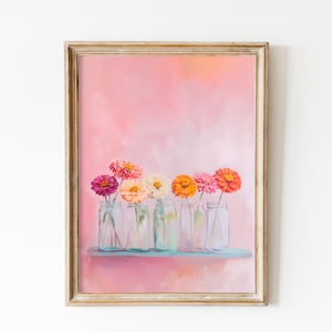 May include: A framed painting of a pink background with six colorful flowers in glass jars on a shelf. The flowers are pink, orange, and yellow.