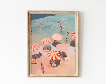Retro Strand Print, abstrakte Italien Küstenstrand Sommer Malerei, herunterladbare Druck, Girly Seaside Dekor, Monterosso Pink druckbare Wandkunst