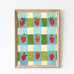 Playful Strawberry Checkerboard Print, Minimalist Kitchen Fruits Art, Blue and Green Kids Nursery Printable Art, Vibrant Fruits Decor