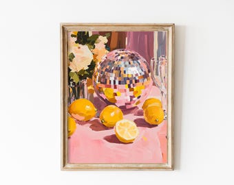 May include: A painting of a still life with a disco ball, lemons, and flowers. The disco ball is silver and has a pink hue. The lemons are yellow and some are cut in half. The flowers are white and pink.