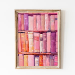 Impresión de amante de los libros, pintura de pila de libros, arte imprimible de ratón de biblioteca, arte de pared de moda rosa suave, impresión digital, estética de apartamento, arte pastel