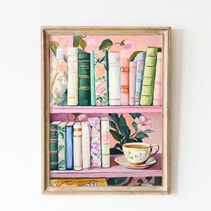 Pastel Bookshelf Painting: Whimsical Book Lover Art (Digital Download)