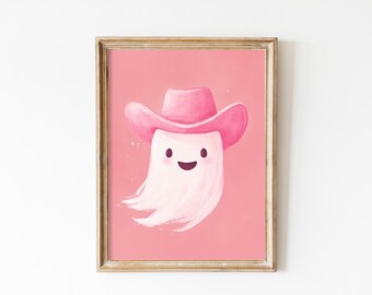 Pink Cowboy Ghost Print, Kawaii Halloween Wall Art (Digital Download)