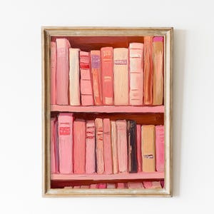 Impresión de amante de los libros, pintura de pila de libros, arte imprimible de ratón de biblioteca, arte de pared de moda rosa suave, impresión digital, estética de apartamento, arte pastel