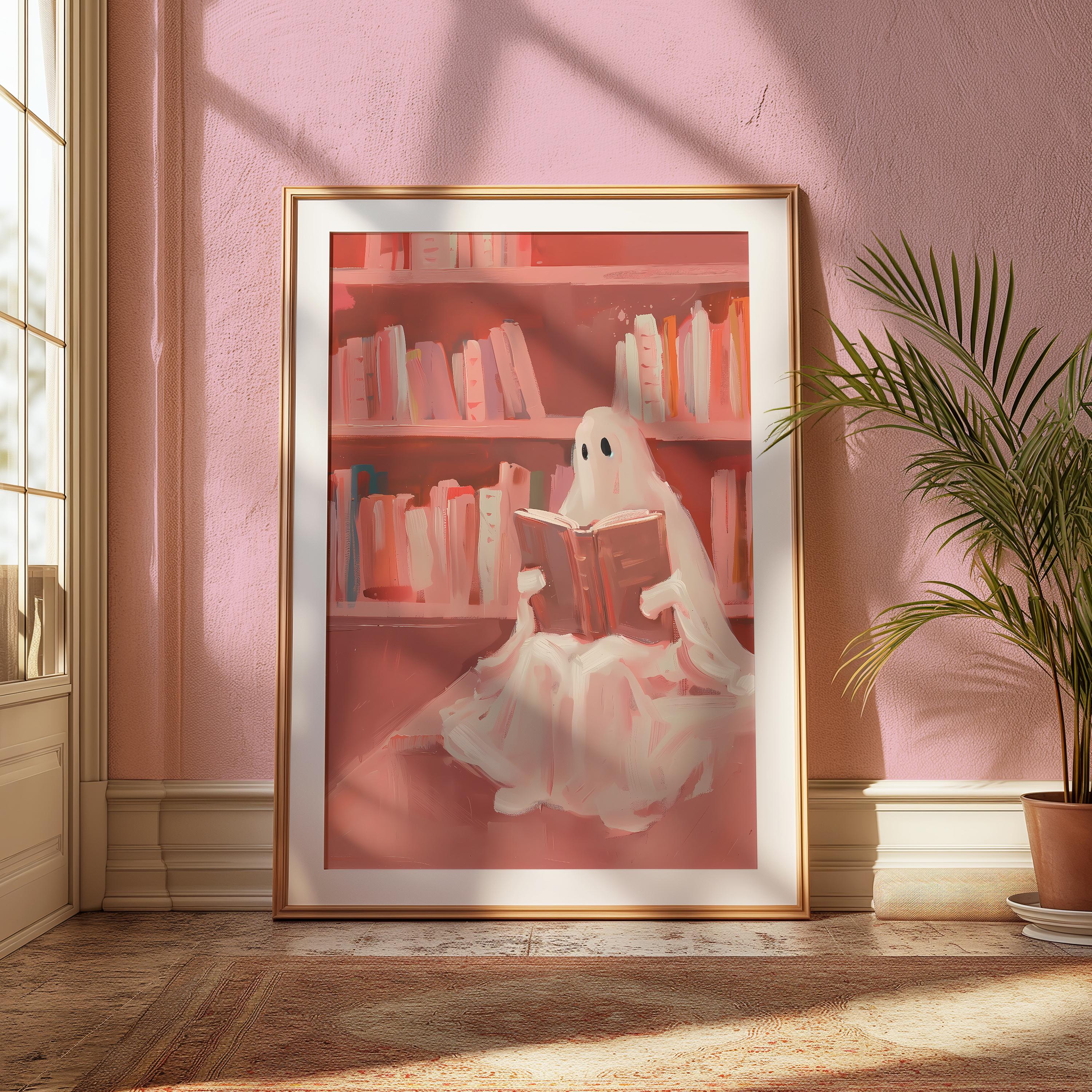 Vintage Pink Ghost Reading Wall Art Print, Books Library Decor, Book ...