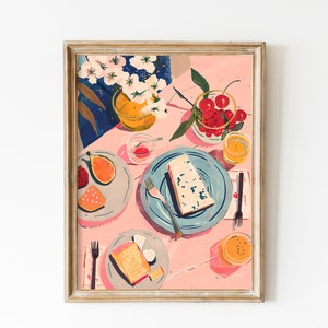 Pink Breakfast Flatlay Food In The Table Wall Art Blue Cheese Plate Print, Kitchen Art Gift for Foodies French Cuisine Wall Art Picnic Print