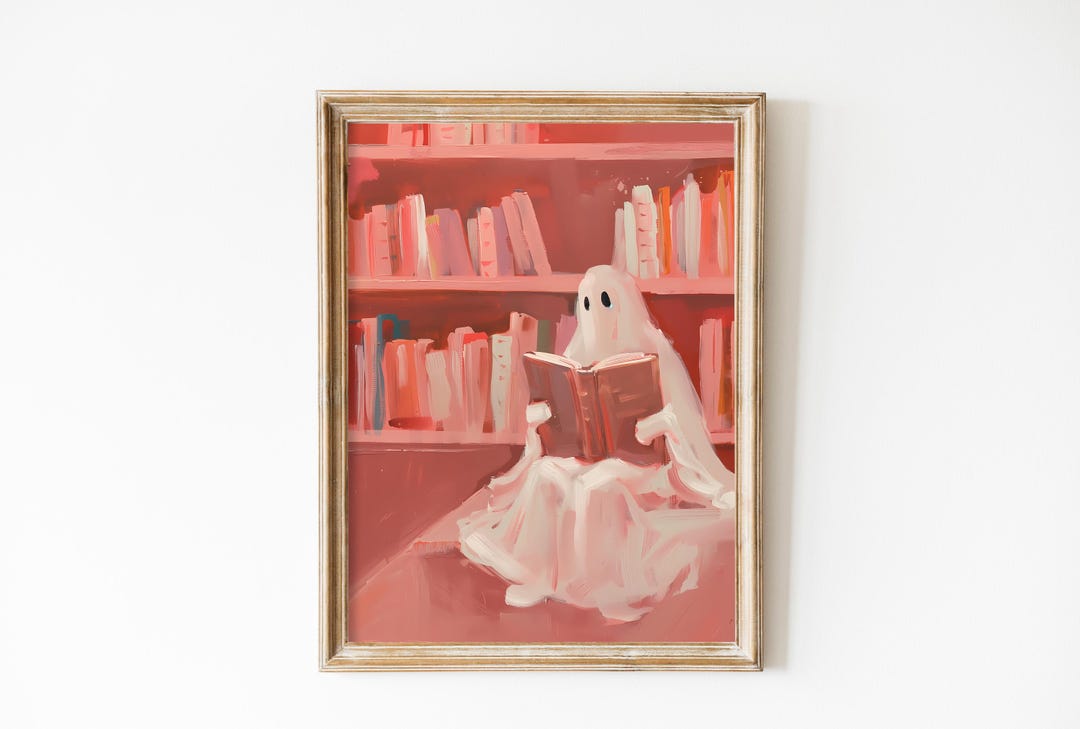 Vintage Pink Ghost Reading Wall Art Print, Books Library Decor, Book ...