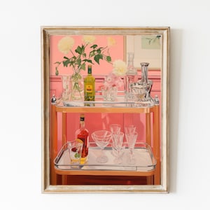Retro cocktailposter jaren 70 muurkunst vintage martini downloadbare print preppy muurkunst roze appartement decor barwagen kunst alcohol drankjes print