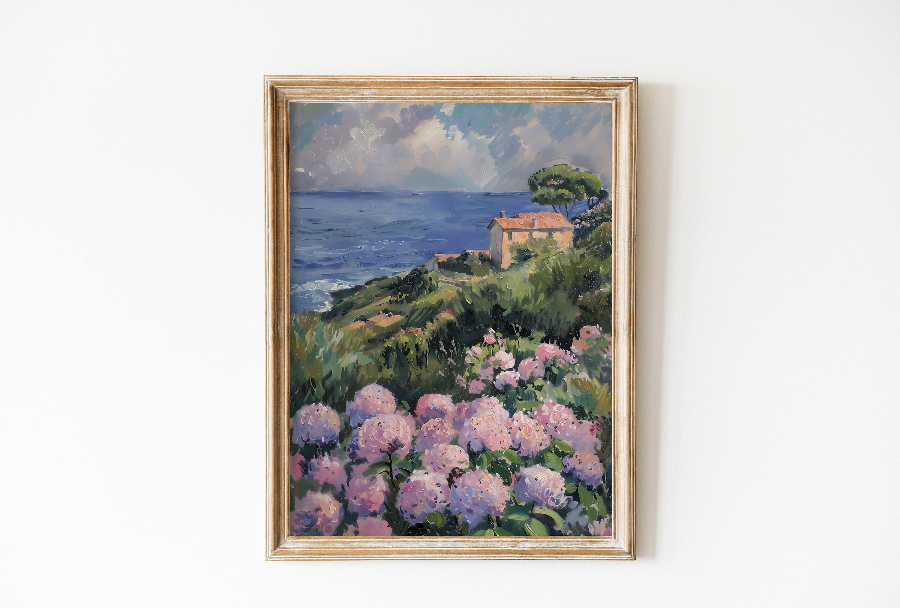 ヴィンテージのアジサイの絵画：海岸風景のアートプリント（デジタル