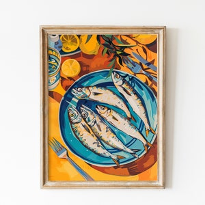 Fresh Sardines Print Download, Fish Kitchen Art Printable, Retro Italian Dining Room Decor, Lemons Wall Art, Mediteranean Kitchen Art Decor