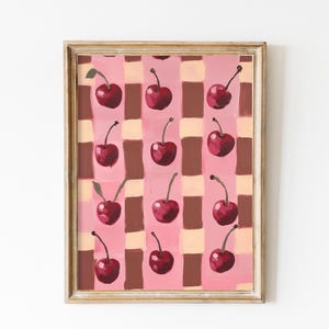 Trendy Cherry Checkerboard Print, Pink and Brown Kitchen Cherry Art, Preppy Pastel Academia, Kids Nursery Printable Art, Fruits Dorm Decor