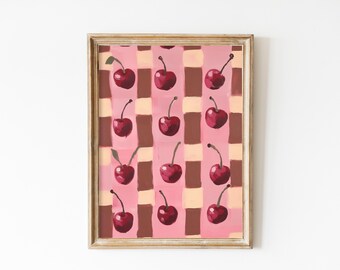 Cherry Checkerboard Print: Pink Brown Kitchen Art (Digital Download)