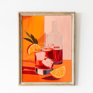 Negroni Poster 70er Jahre Wandkunst | Cocktail herunterladbarer Druck | Preppy Wandkunst | Girly Pink Ästhetik, Barwagen Getränke Dekor Amaretto Drink