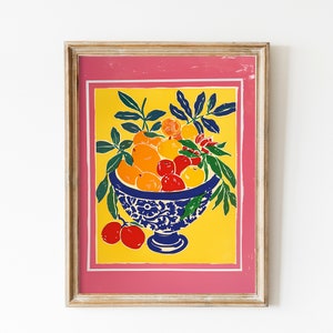Fruits Summer Bowl Poster Fruits Flatlay Food In The Table Vivid Pink Bright Yellow Vibrant Art Gift Matisse Art Lemons Oranges Painting