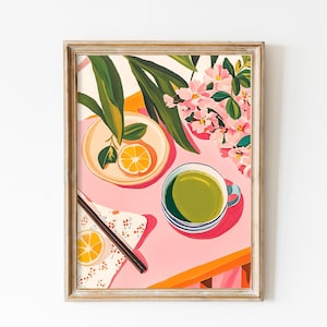 Trendy Matcha Print: Green Tea Art & Japanese Flowers Printable, Kitchen Decor, Coffee Bar Decor, Matcha Club Coffee Bar Decor