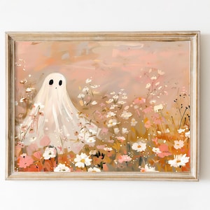 Vintage Pink Flowers Ghost Wall Art Print, Coquette Halloween Decor Preppy Trendy Printable Cute Ghost Painting Girly Print Nursery Painting