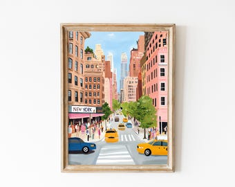 Könnte beinhalten: Eine gerahmte Illustration einer New Yorker Straßenszene mit hohen Gebäuden, blauem Himmel und gelben Taxis. Die Straße ist von Bäumen gesäumt und Menschen gehen zu Fuß. Das Schild über einem Geschäft lautet "NEW YORK".