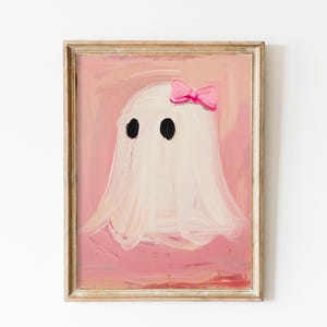 Vintage Pink Bow Ghost Wall Art Print, Halloween Nursery Decor, Preppy Trendy Printable, Coquette Cute Ghost Painting Girly Print Girls Room