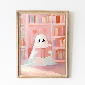 Valentine's Day Cute Ghost Wall Art Print, Books Library Decor Book Nook Vday Printable Coquette Room Decor Book Shop Girls Dorm Painting