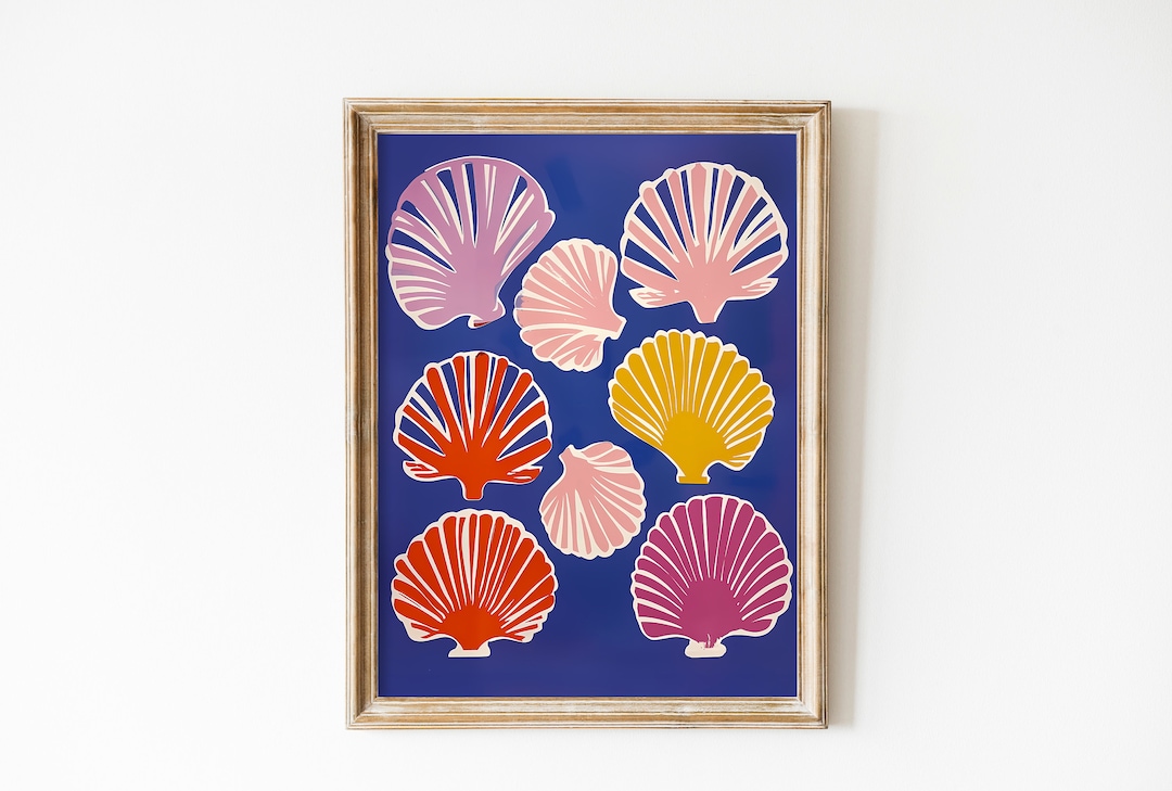 Blue Shell Ptints Blue Pink Sea Shell Print: Retro Beach Wall Art (digital Download) - Etsy
