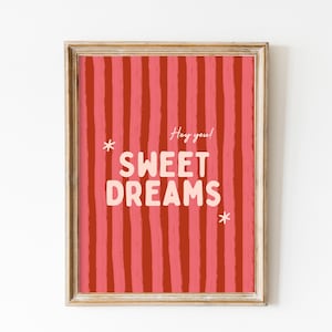 Sweet Dreams Poster, Trendy Pink Bedroom Wall Art, Retro Apartment Decor, Stripped Room Decor, Y2K Dorm Decor, Minimalist Typography Art