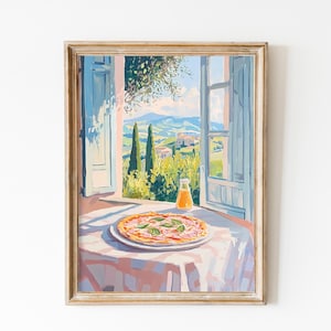 Tuscan Window View Printable Wall Art – Cozy Italian Countryside Scene with Pizza, Henry Matisse Open Window, Pizza Poster, Kitchen Art