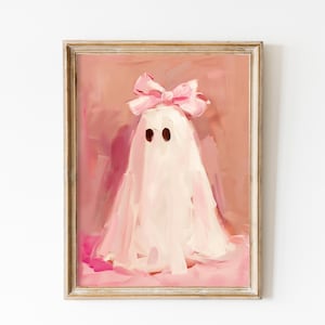Vintage Pink Bow Ghost Wall Art Print, Halloween Nursery Decor, Preppy Trendy Printable, Coquette Cute Ghost Painting Girly Print Girls Room