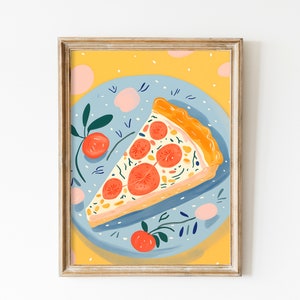 Lindo quiche impresión, desayuno lúdico Flatlay comida arte de la pared, regalo de arte de la cocina para los amantes de la comida cocina francesa arte de la pared picnic pintura de la guardería