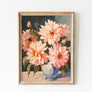 Pintura de dalia rosa / Estampado de flores vintage Arte botánico antiguo danés pastel imprimible / Decoración de habitación coqueta / Arte de dalia / Arte danés
