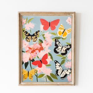 Soft Blue Butterflies Wall Art, Retro Girly Printable Wall Art, Vintage Butterfly Poster Nursery Room Art Preppy Room Decor, Girl Dorm Decor