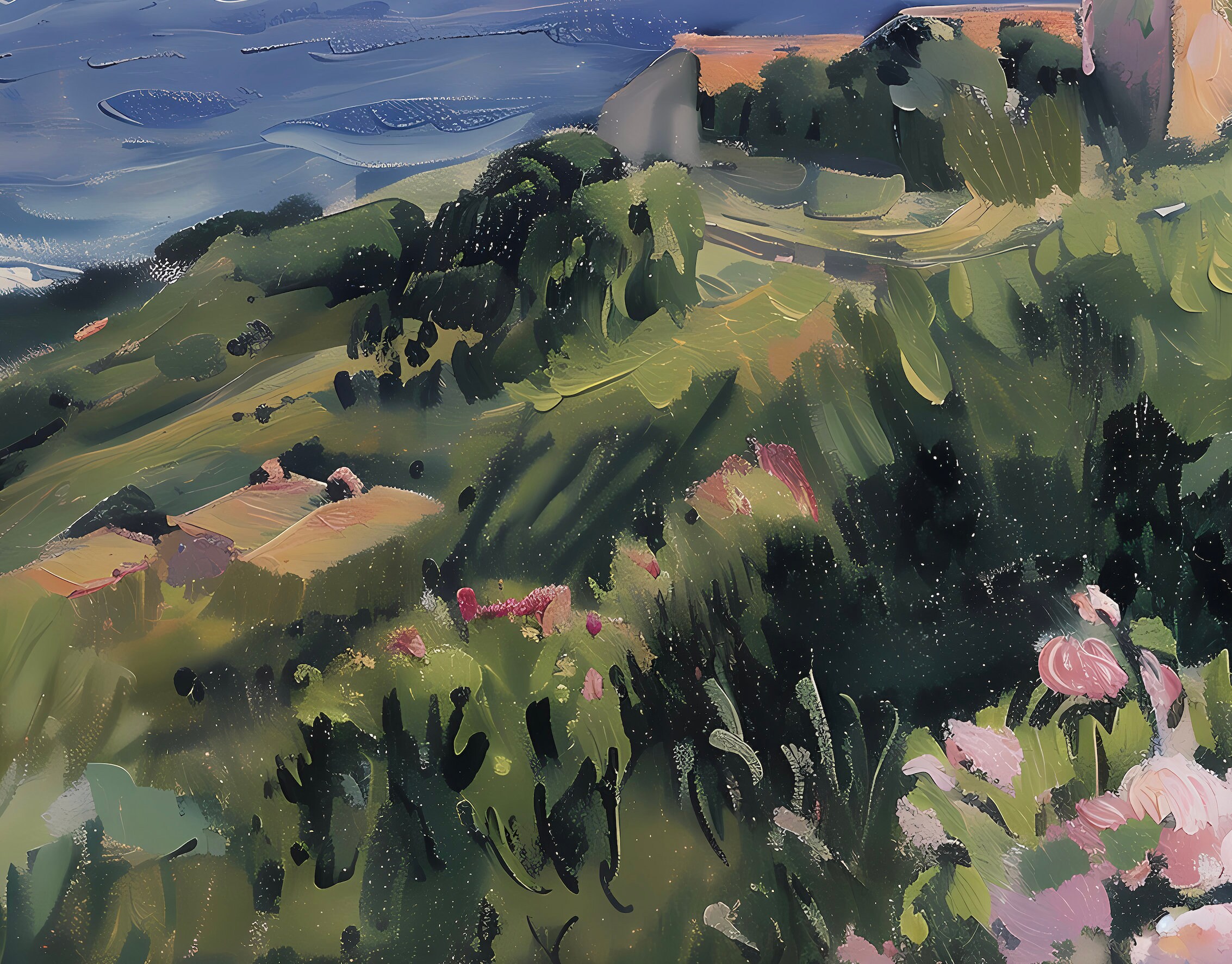 ヴィンテージのアジサイの絵画：海岸風景のアートプリント（デジタル