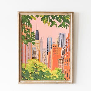 Póster retro de Chicago, arte mural de la línea de esquí de Chicago en rosa suave, pintura al óleo vintage de Chicago, póster de viaje de EE. UU., regalo de decoración de dormitorio, paisaje urbano