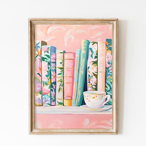 Modern Pastel Bookshelf Wall Art Print for a Cozy Reading Corner, Reading Nook Decor Print, Book Lover Painting