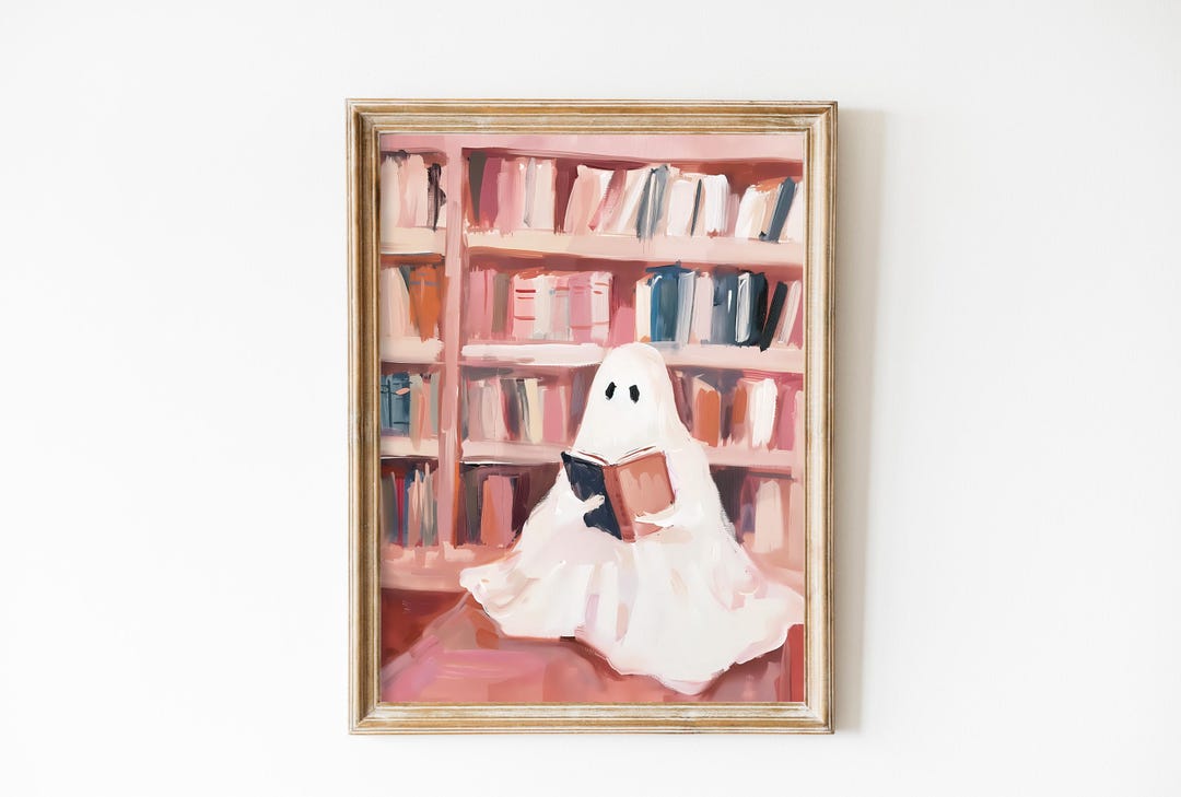 Vintage Pink Ghost Wall Art Print, Books Library Decor, Book Nook ...