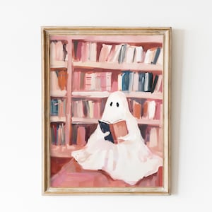 Vintage Pink Ghost Wall Art Print, Books Library Decor, Book Nook Halloween Printable, Coquette Room Decor, Book Shop Girls Dorm Painting
